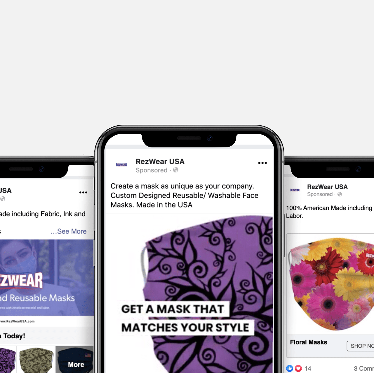 three phone screens showing reswear ads