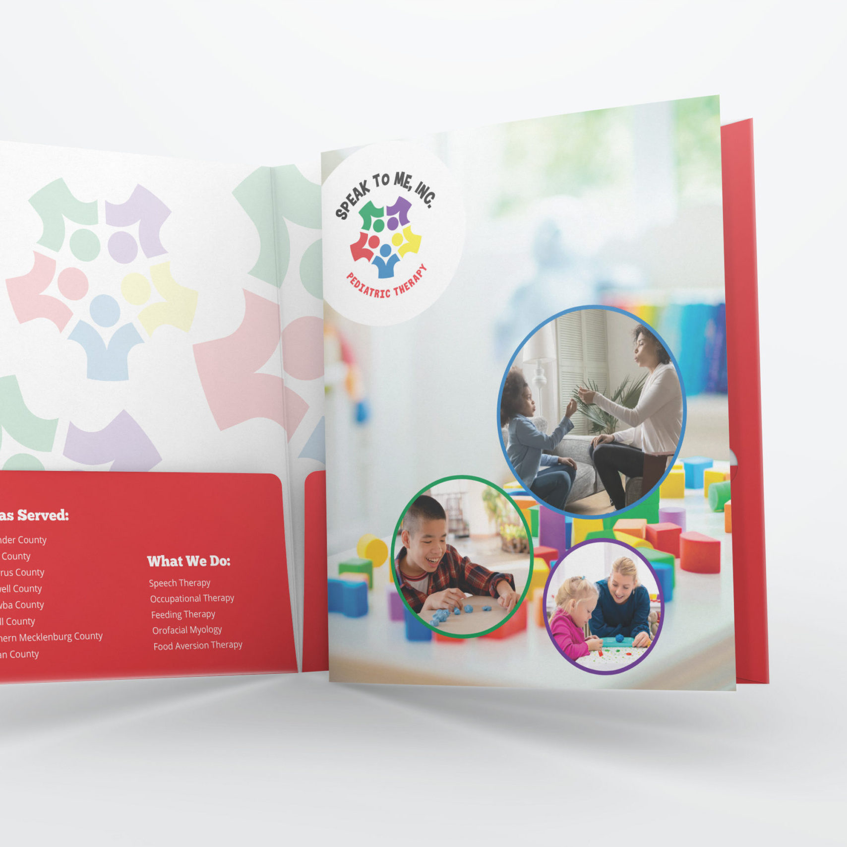 an open and closed pocket folder with speak to me pediatric therapy branding